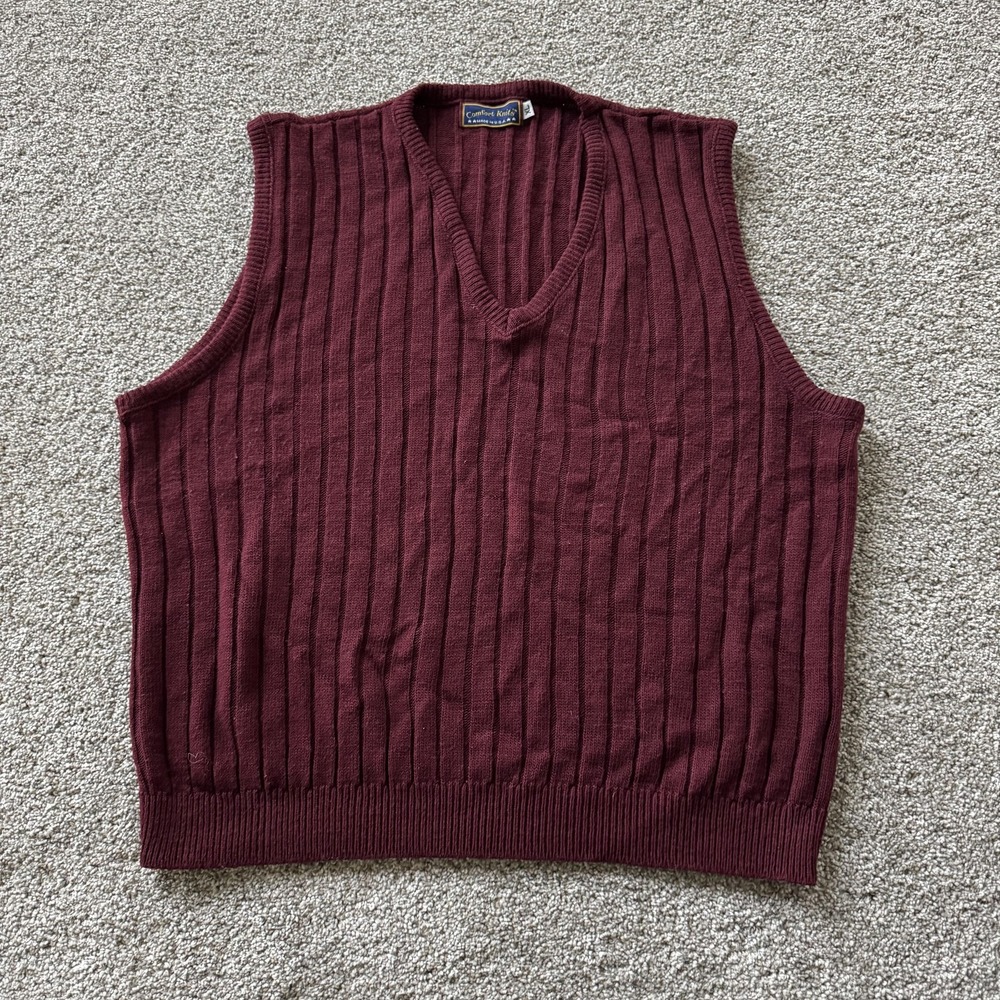 Comfort Knits Sweater Vest Mens XL Red Ribbed Knit V Neck Made USA Casual